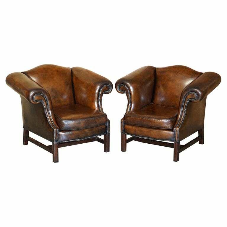 Part Of Large Suite This Lovely Pair Of Hand Dyed Brown Leather Club Armchairs
