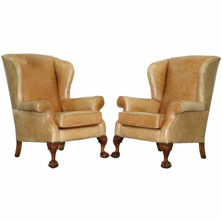 Pair Of Victorian Walnut Claw & Ball Feet Aged Heritage Brown Leather Armchairs