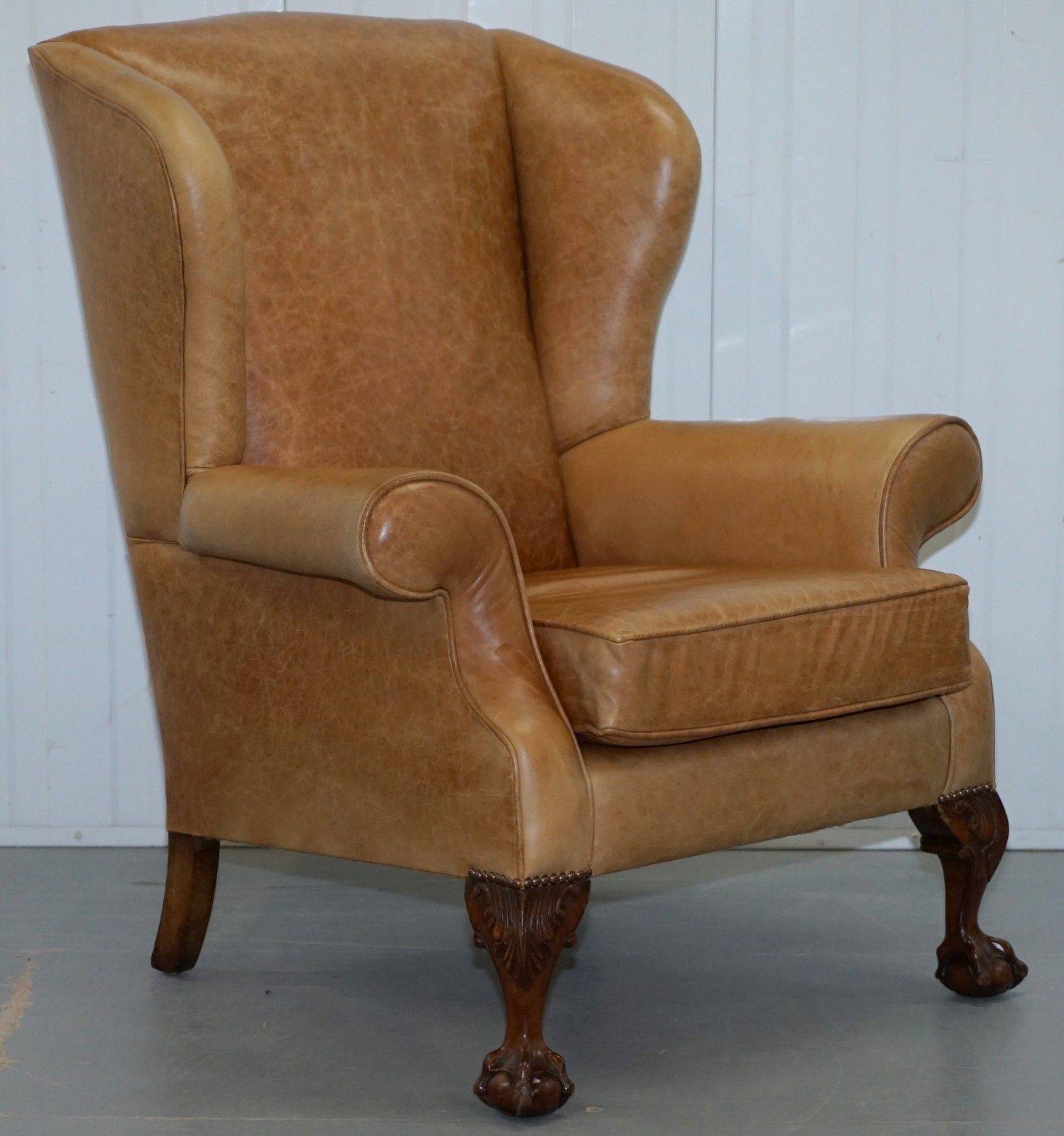 Pair Of Victorian Walnut Claw & Ball Feet Aged Heritage Brown Leather Armchairs photo buy