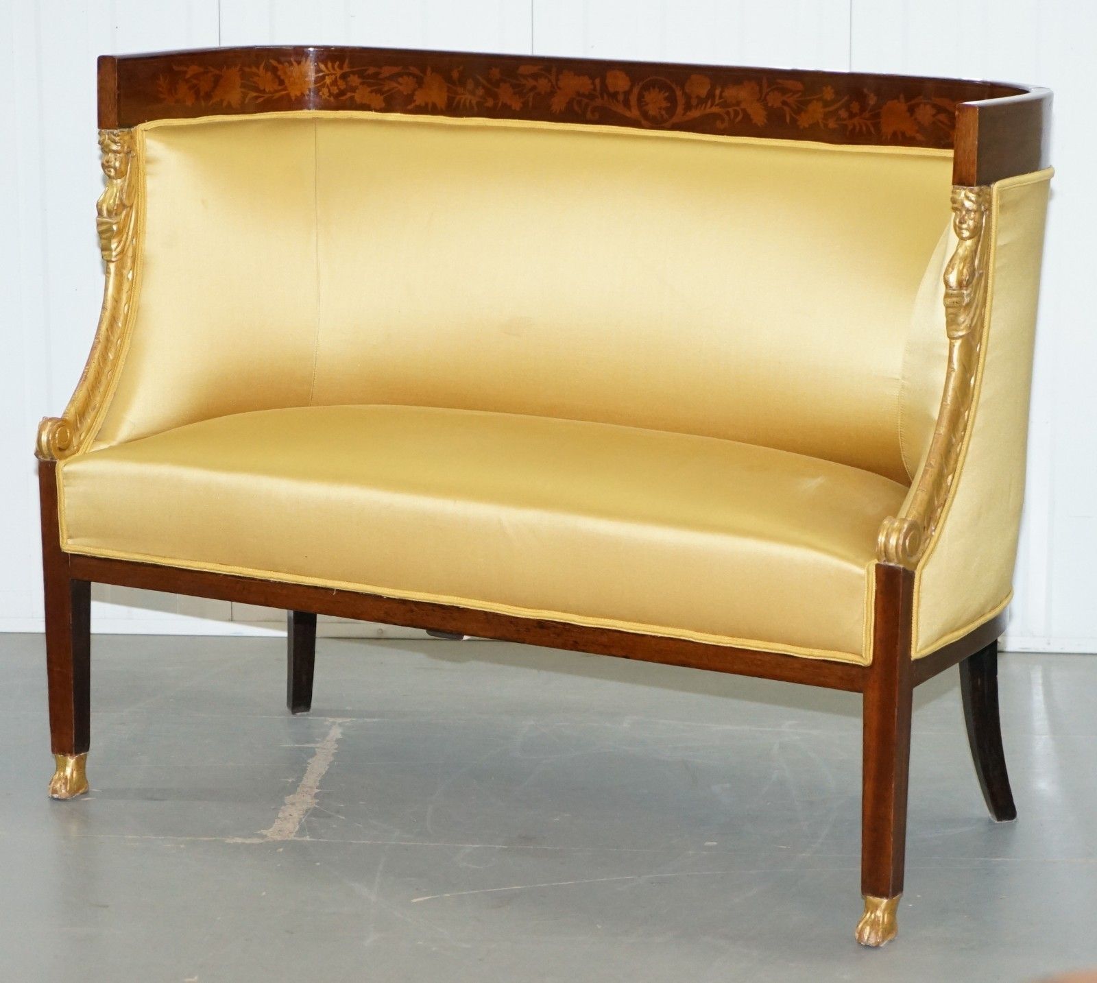Furniture 1870 French Empire Marquetry Inlaid Suite Pair Bergere Armchairs & Settee Canape photo