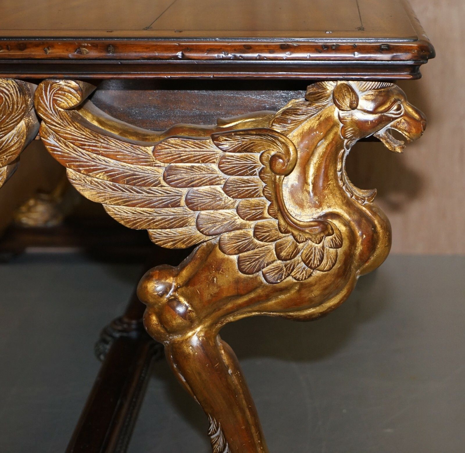 After Rj Horner Gold Giltwood Griffon Mahogany Double Sided Desk Writing Table photo vintage