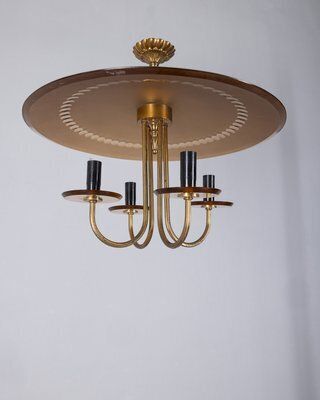 Italian Brass And Pink Glass Chandelier, 1950s photo for sale