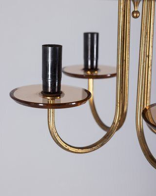 Italian Brass And Pink Glass Chandelier, 1950s photo Lighting