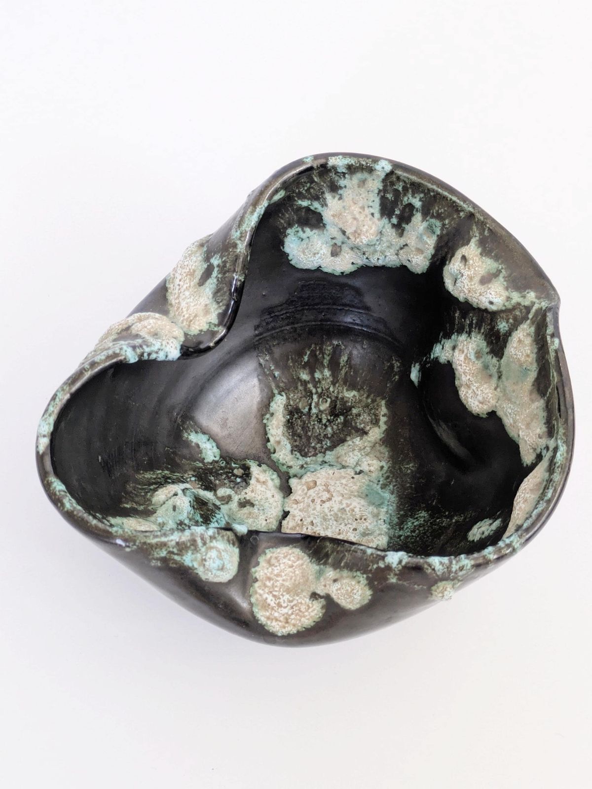 Vintage Vallauris Style Bowl, French Midcentury Pottery, Fat Lava Glaze, Anthracite And Seafoam Green photo vintage