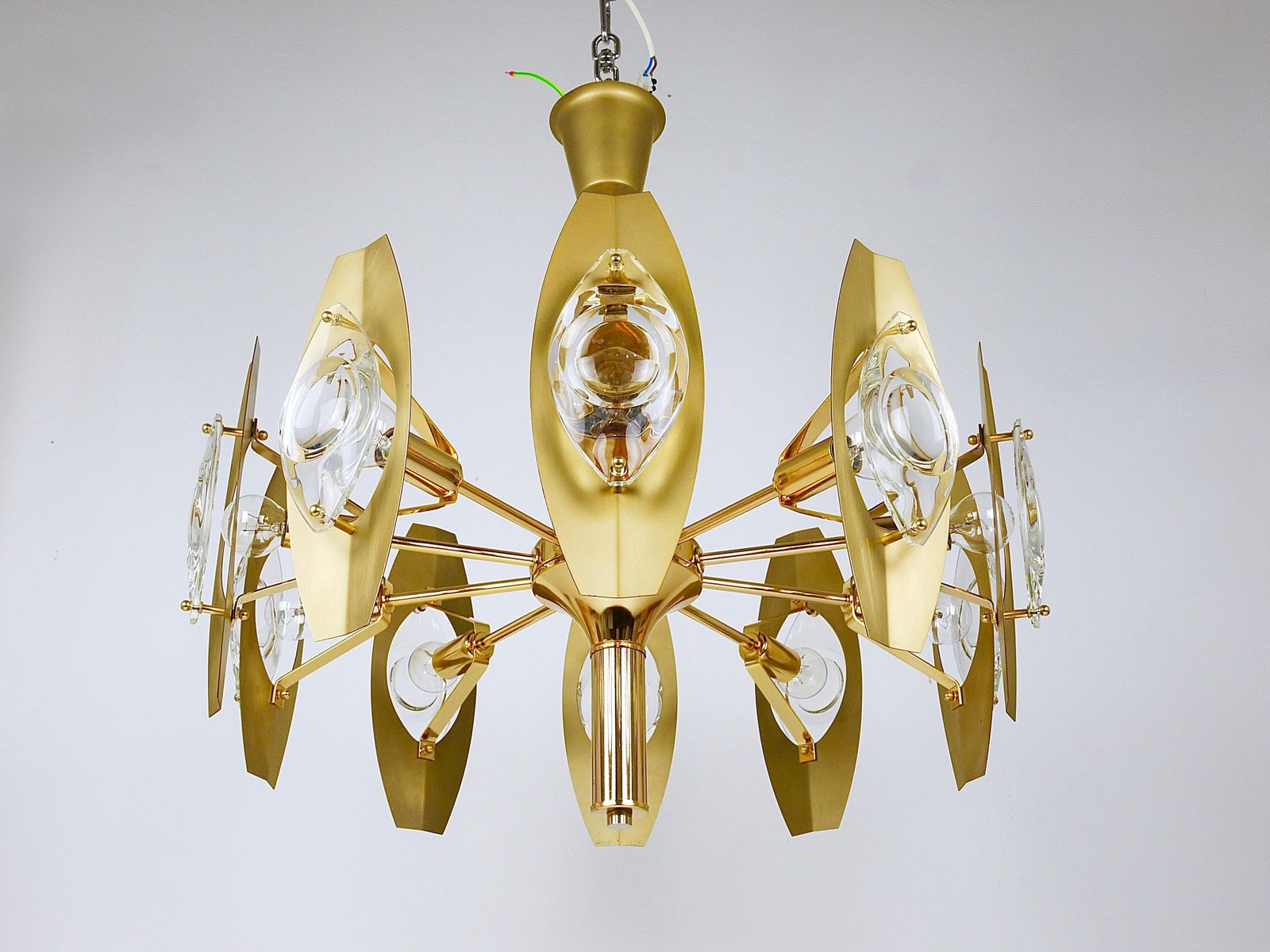 photo buy Oscar Torlasco 25“ Brass Chandelier With Optical Prism Lenses, Italy, 1970s