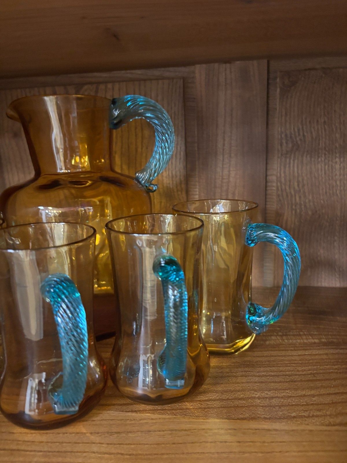 photo furniture Vintage George Sand Amber Pitcher & 5 Glasses With Uranium Glass Handles A/F