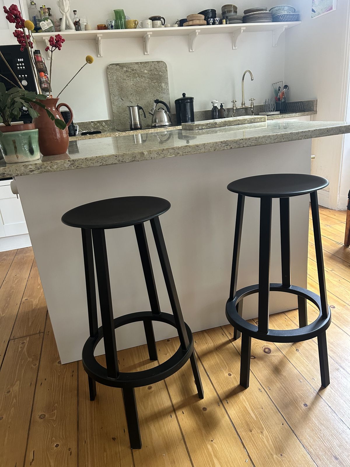 Pair Of Hay Revolver Swivel Bar Stools – Black Metal photo for sale