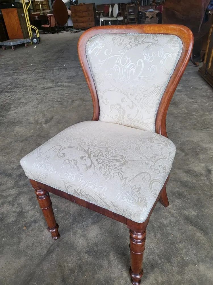 Antique Victorian Open Bedroom Bathroom Chair White Damask Material