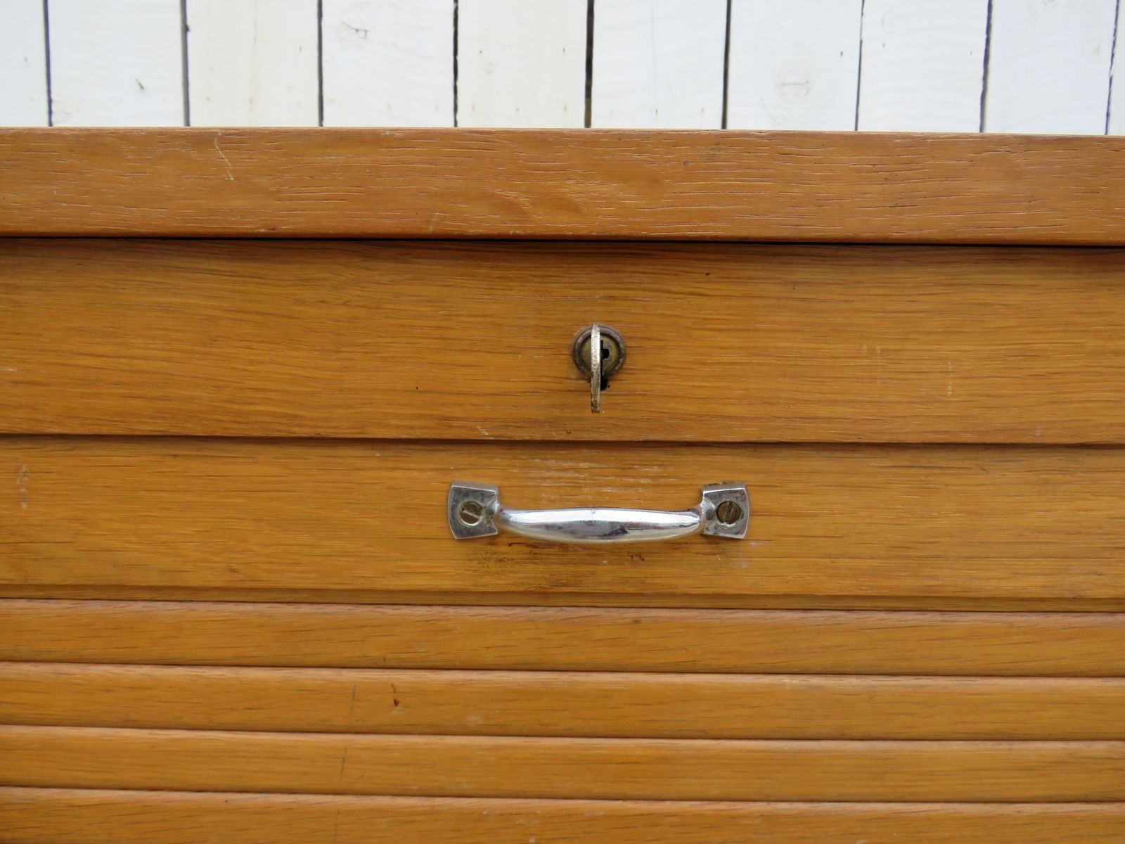 1940's French Oak Tambour Front Filing Cabinet photo for sale