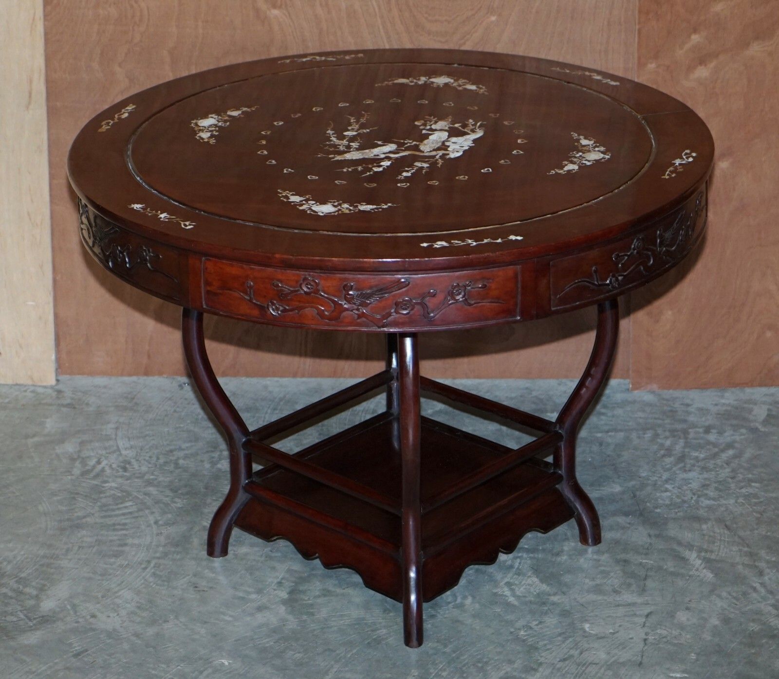 Antique Chinese 1900 Ming Dynasty Rosewood Mother Of Pearl Inlaid Table & Stools photo furniture