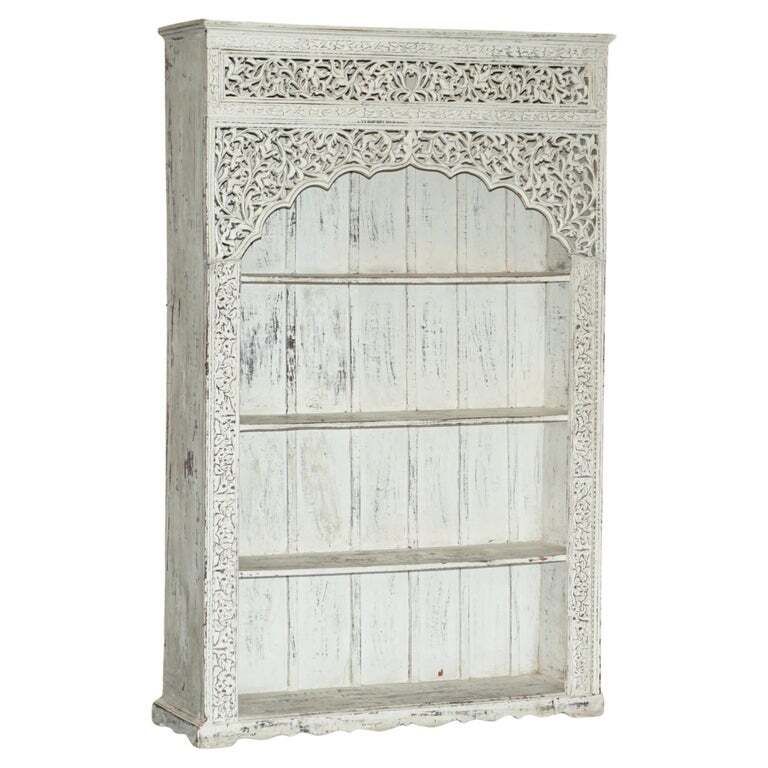 Huge Antique Original Paint Solid Rosewood Anglo Indian Carved Open Bookcase