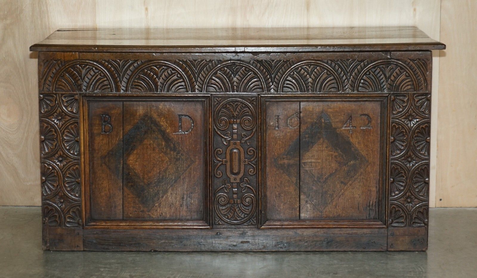 1642 Dated Charles I / Jacobean Hand Carved English Oak Coffer Linen Chest Trunk photo furniture
