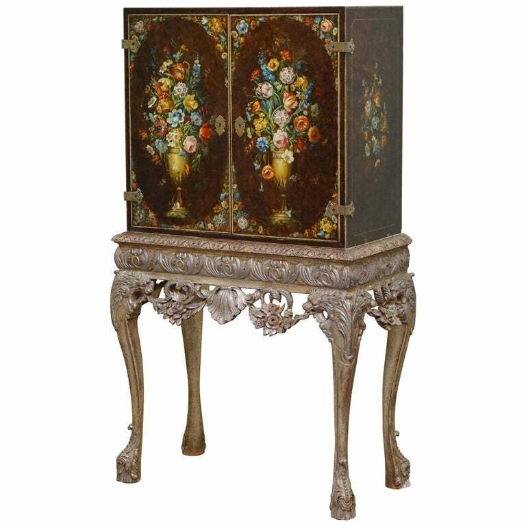 1840 Italain Venetian Cabinet On Stand Polychrome Painted & Lion Heads Carvings