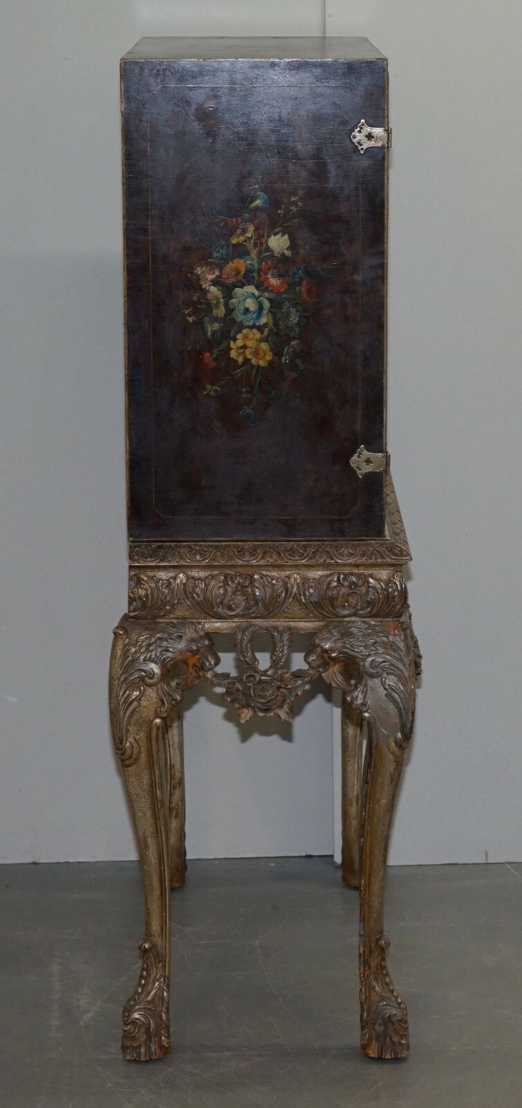 Furniture 1840 Italain Venetian Cabinet On Stand Polychrome Painted & Lion Heads Carvings photo