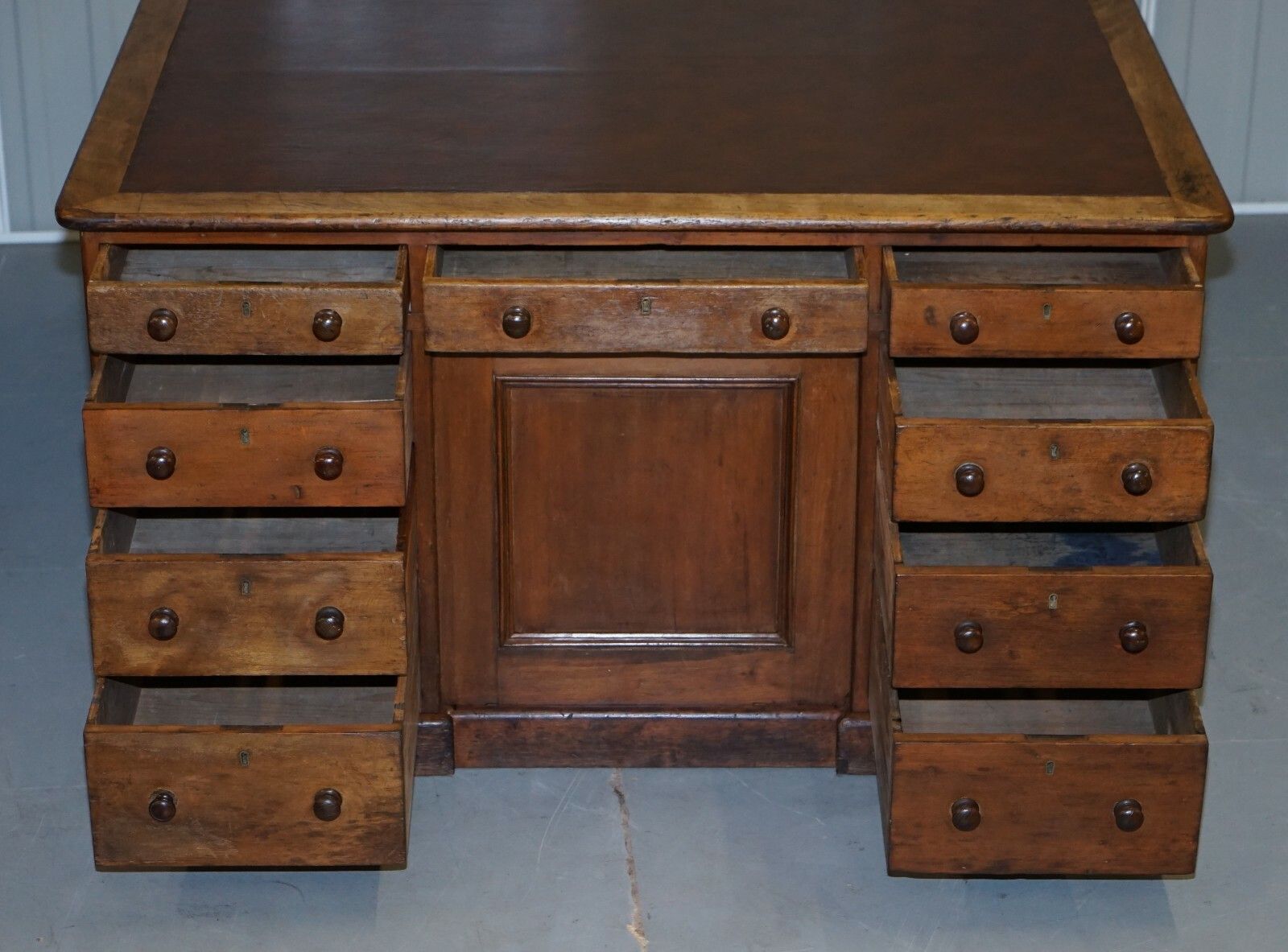 photo for sale Antique English Victorian Double Sided Oak Twin Pedestal 18 Drawer Kneehole Desk