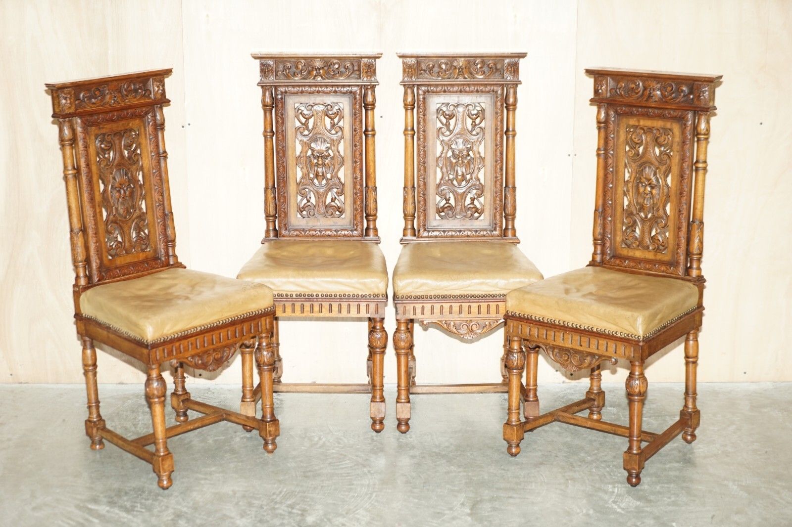 Six Antique Hand Carved Walnut Brown Leather Gothic Revival Dining Chairs 6 photo furniture