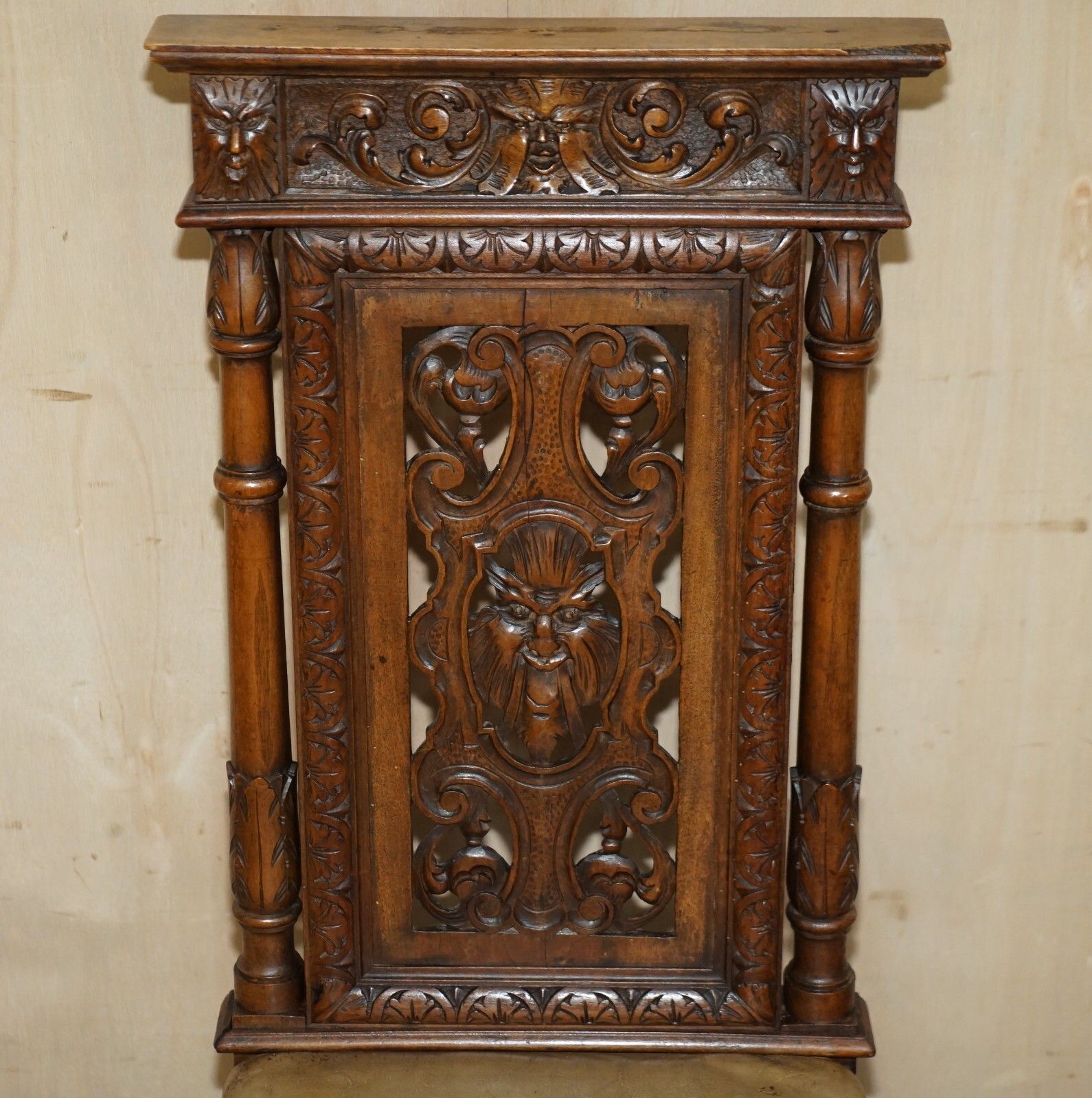 Six Antique Hand Carved Walnut Brown Leather Gothic Revival Dining Chairs 6 photo 3950.0
