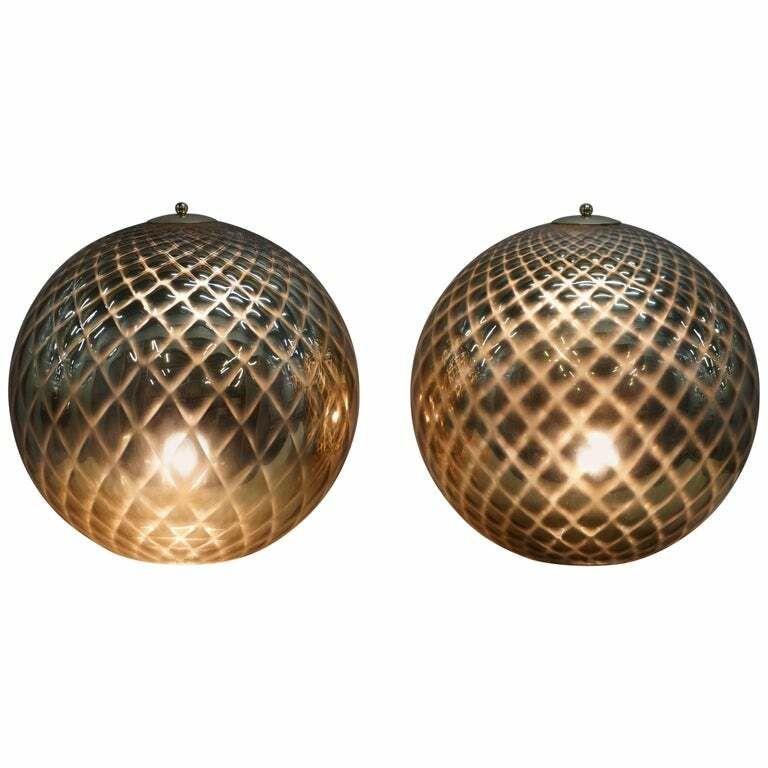 Sublime Pair Of Original Murano Glass Diamond Patina Sphere Gold Tables Lamps