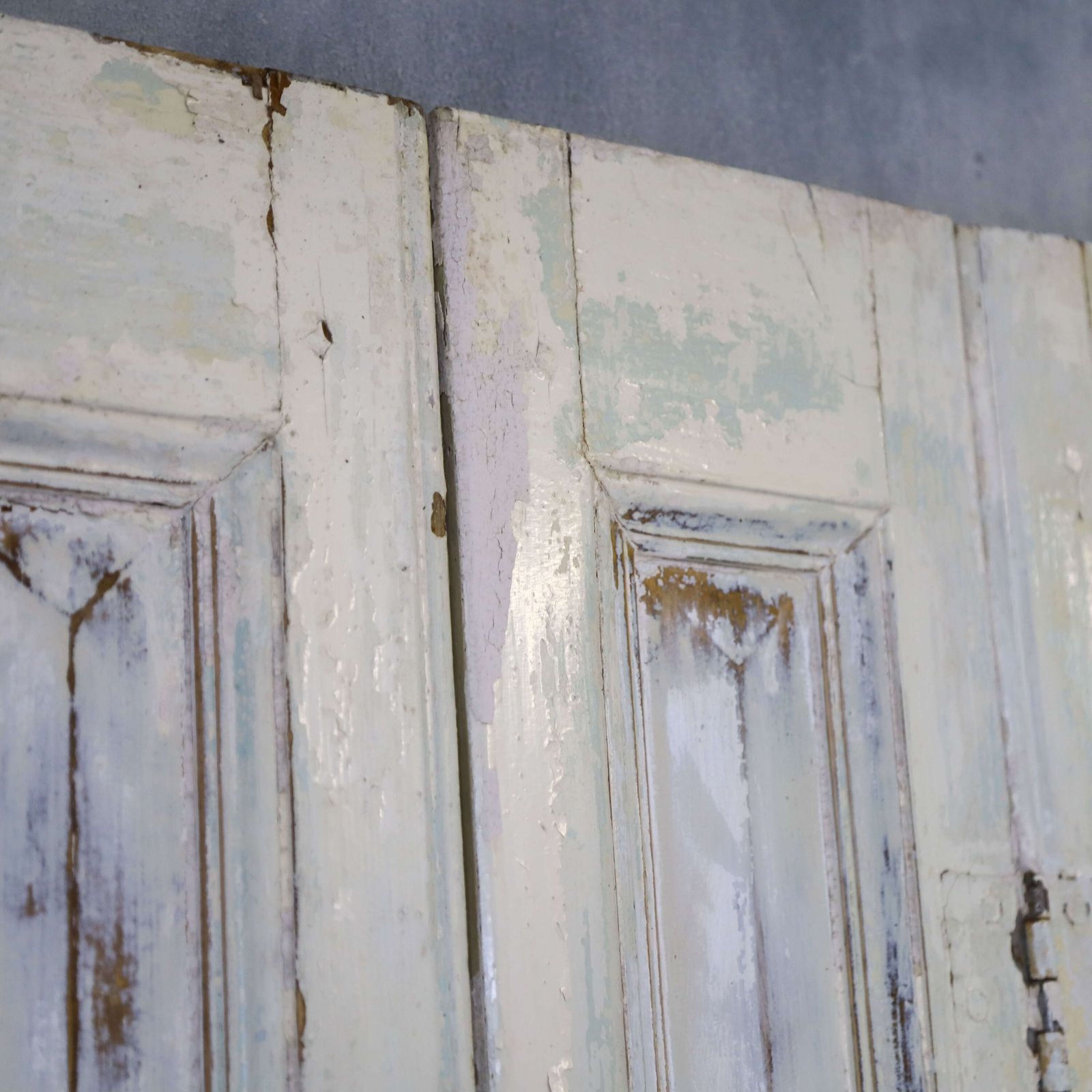 Home Fixtures Pair Of Antique Panelled Tri Folding Shutters In Original Cream Paint photo