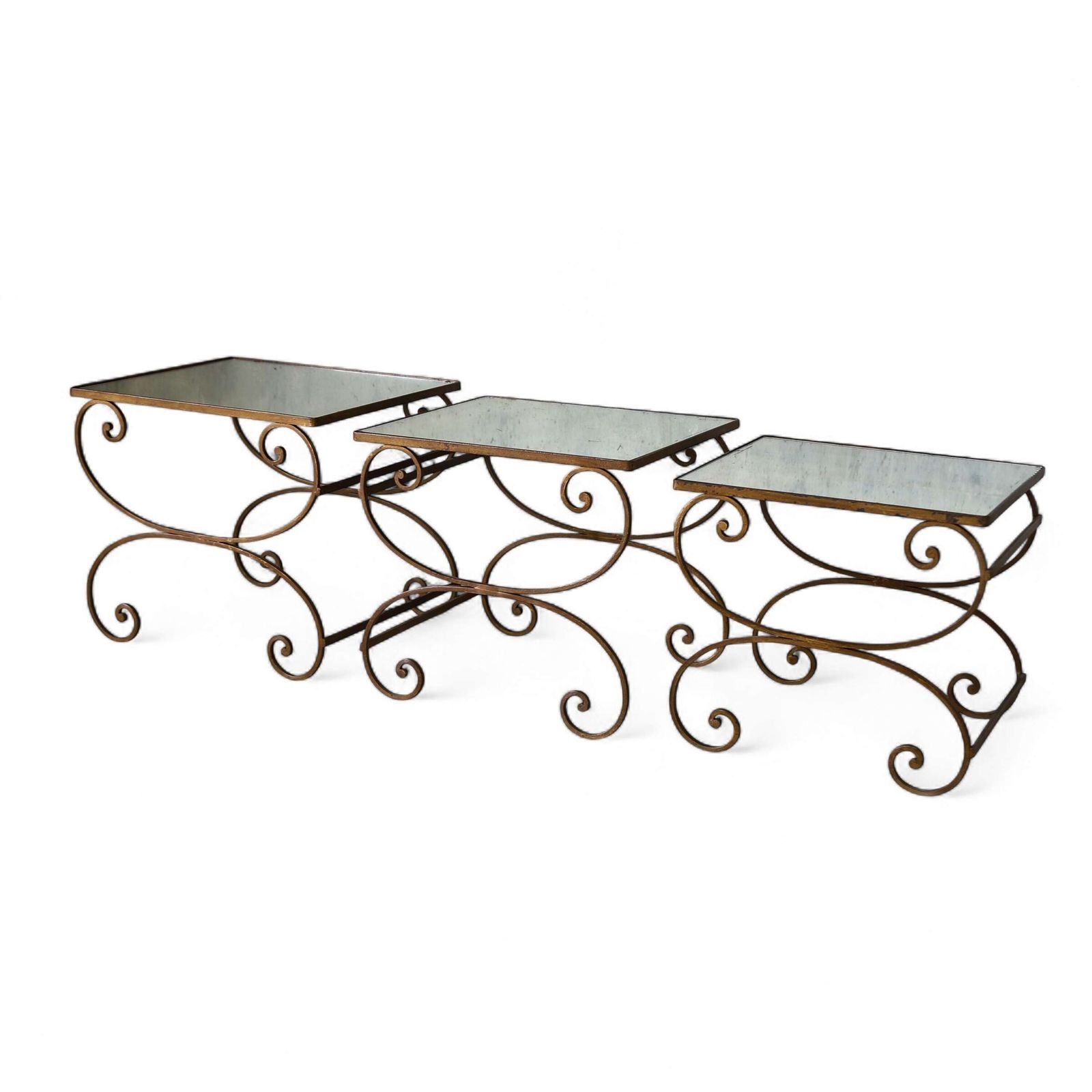Mid Century Italian Nest Of 3 Gilt Metal Tables With Distressed Mirrored Tops