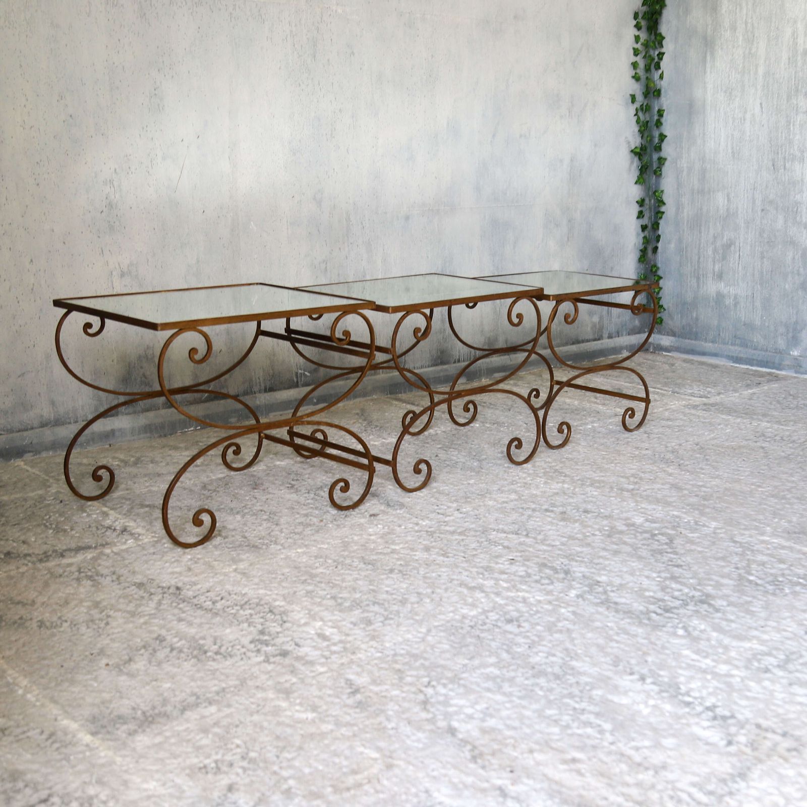 Mid Century Italian Nest Of 3 Gilt Metal Tables With Distressed Mirrored Tops photo Furniture