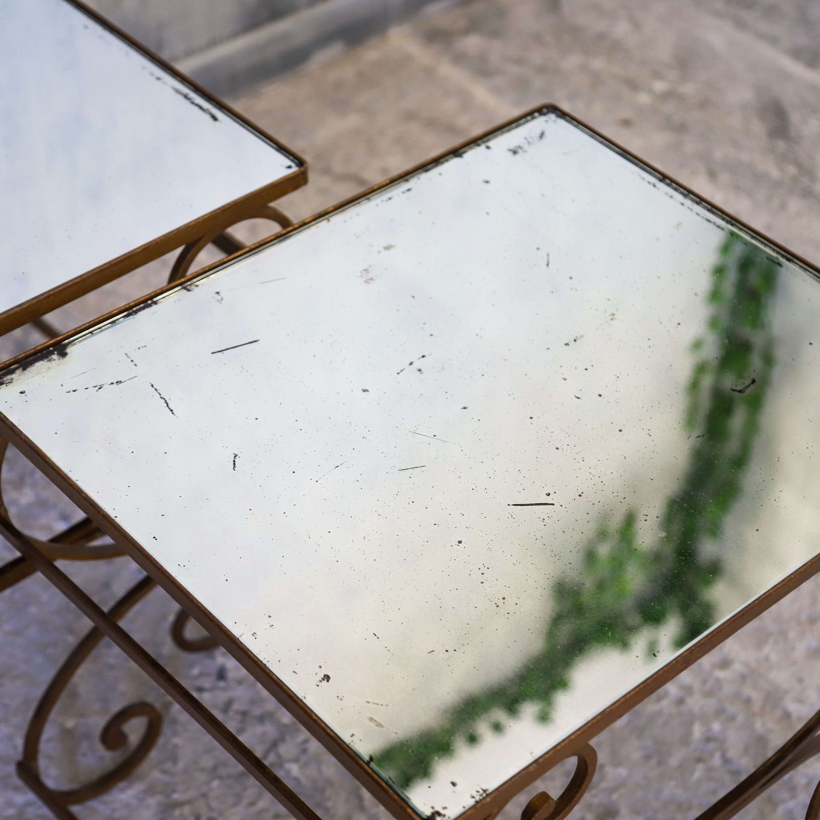 765.0 Mid Century Italian Nest Of 3 Gilt Metal Tables With Distressed Mirrored Tops photo