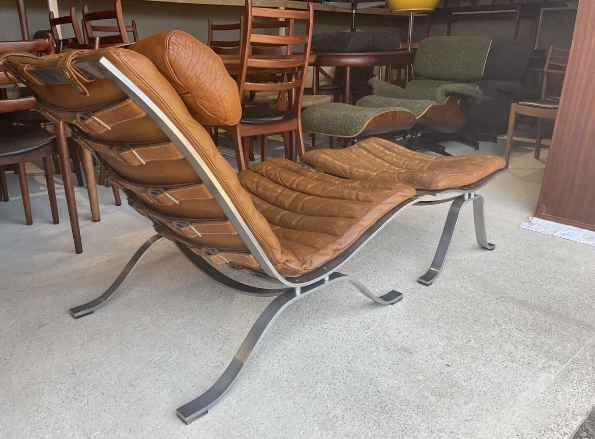 photo vintage Arne Norell Leather And Chrome Ari Lounge Chair And Ottoman Mid Century