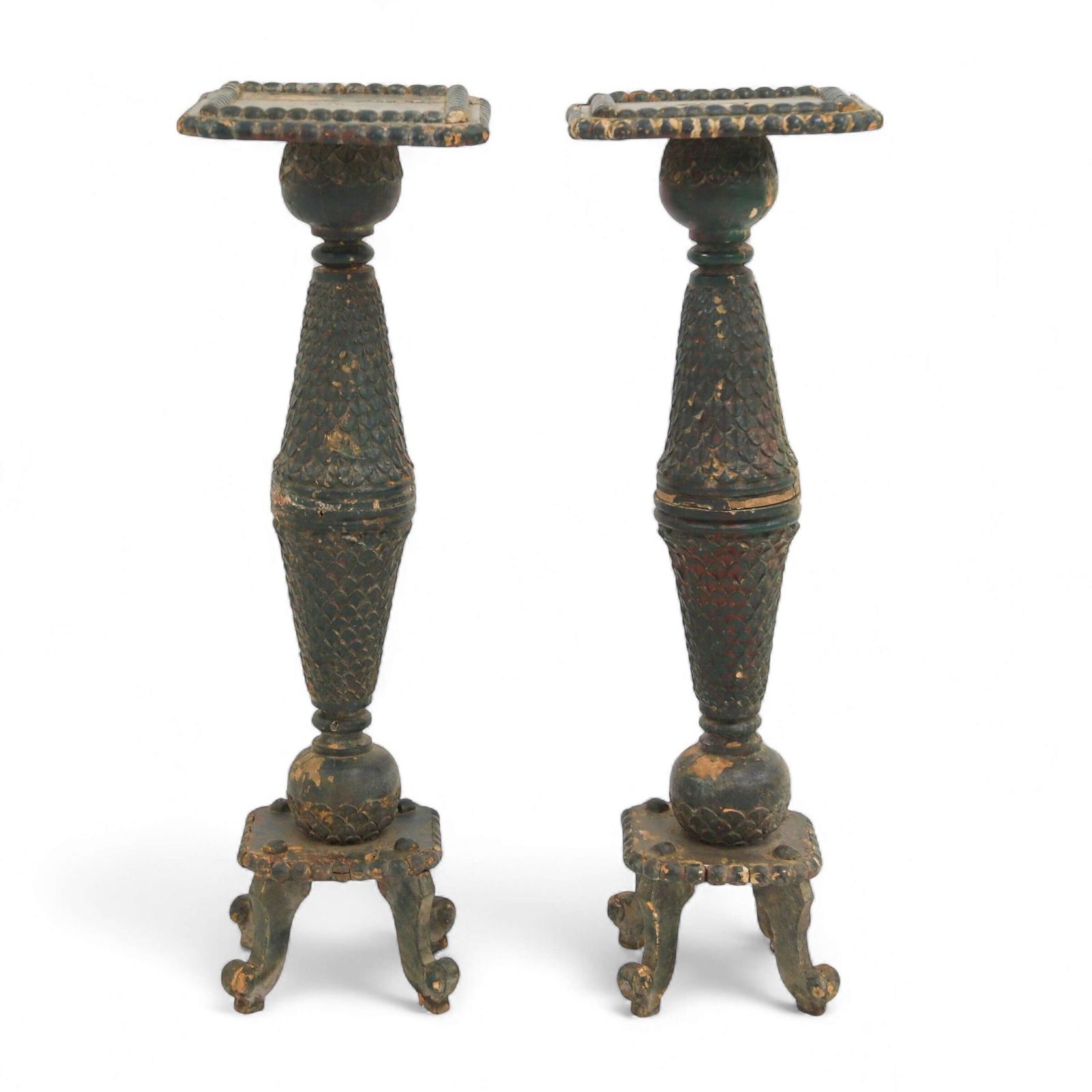 Pair Of Decorative Antique Torchières In Original Green Paint