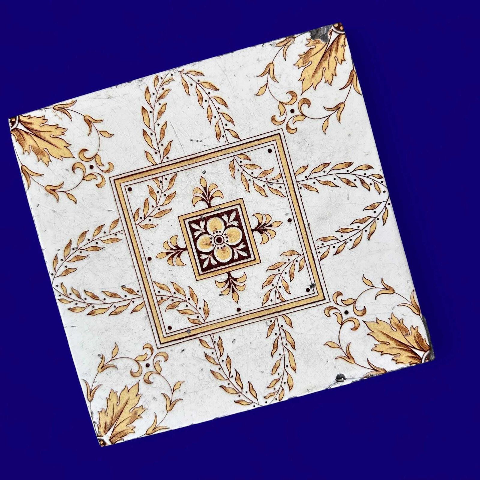 Antique Minton Victorian Tiles, 1891 Floral Transferware, Set Of 5, Yellow photo for sale