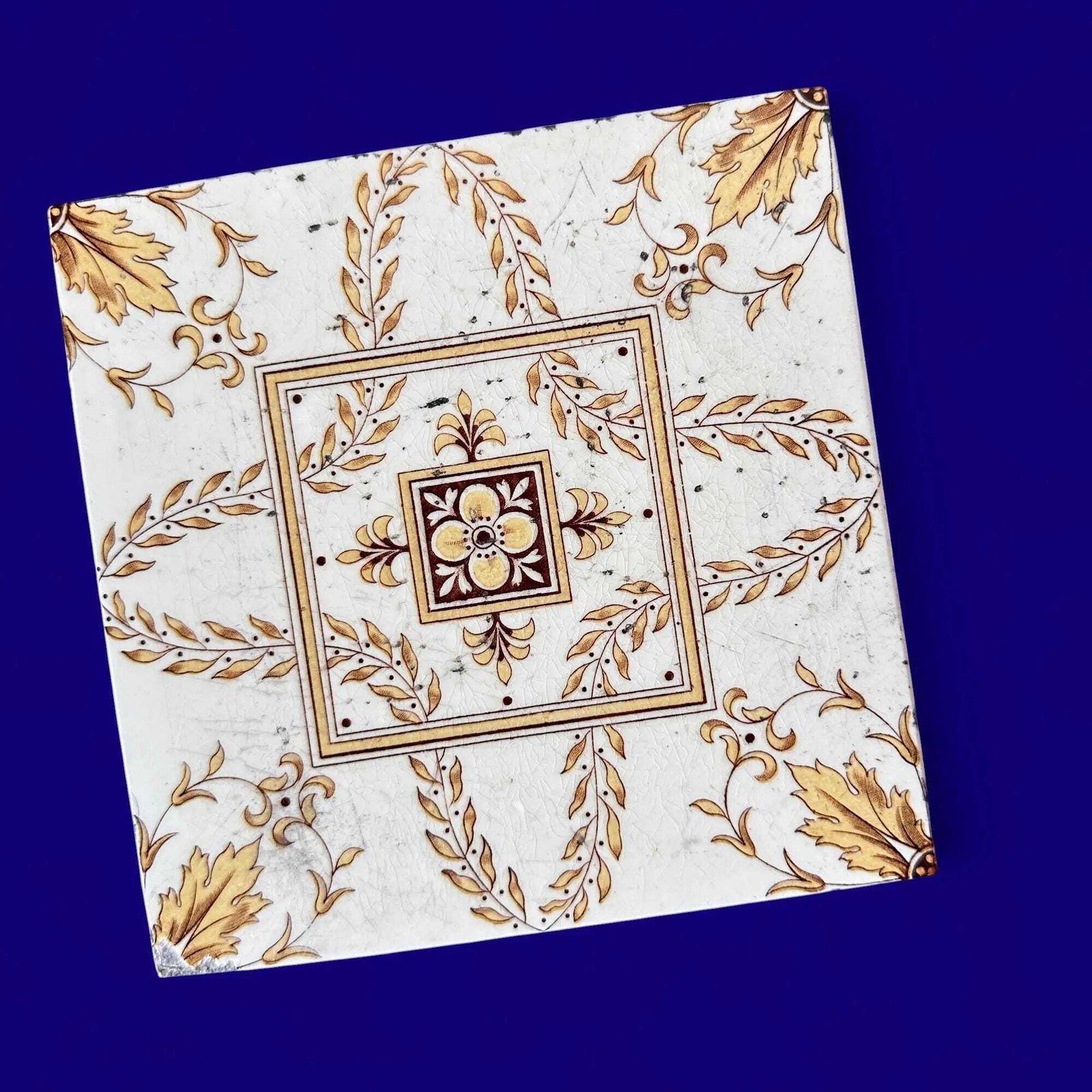 Antique Minton Victorian Tiles, 1891 Floral Transferware, Set Of 5, Yellow photo Home Fixtures