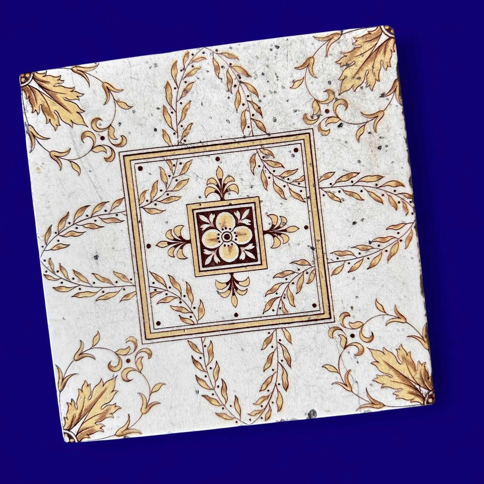 Antique Minton Victorian Tiles, 1891 Floral Transferware, Set Of 5, Yellow photo 140.0