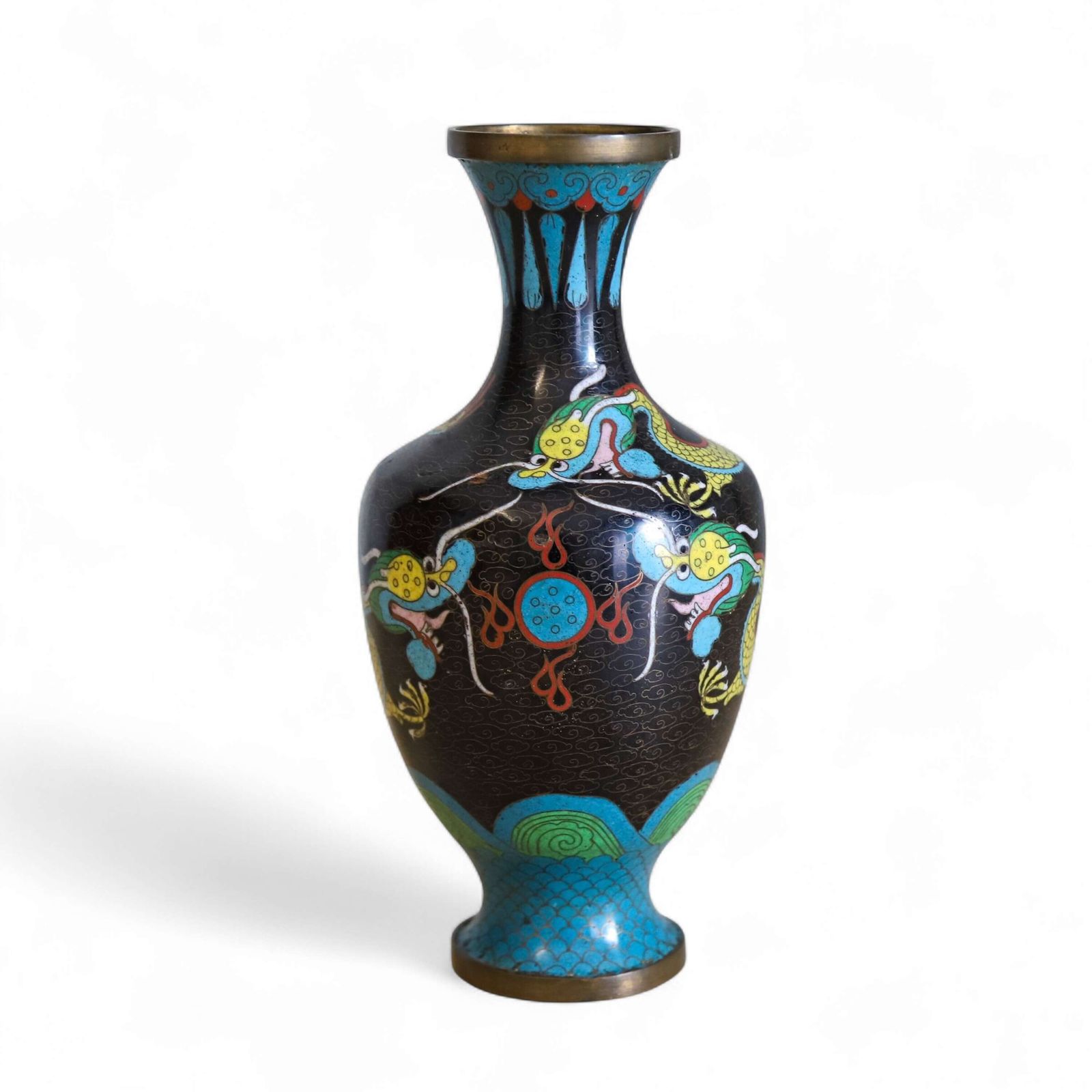 Decorative Antique Japanese Cloisonné Vase With A Dragon & Turquoise Enamelling