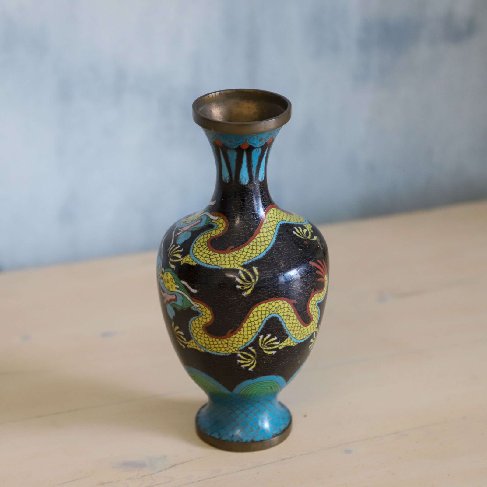 Decorative Antique Japanese Cloisonné Vase With A Dragon & Turquoise Enamelling photo for sale