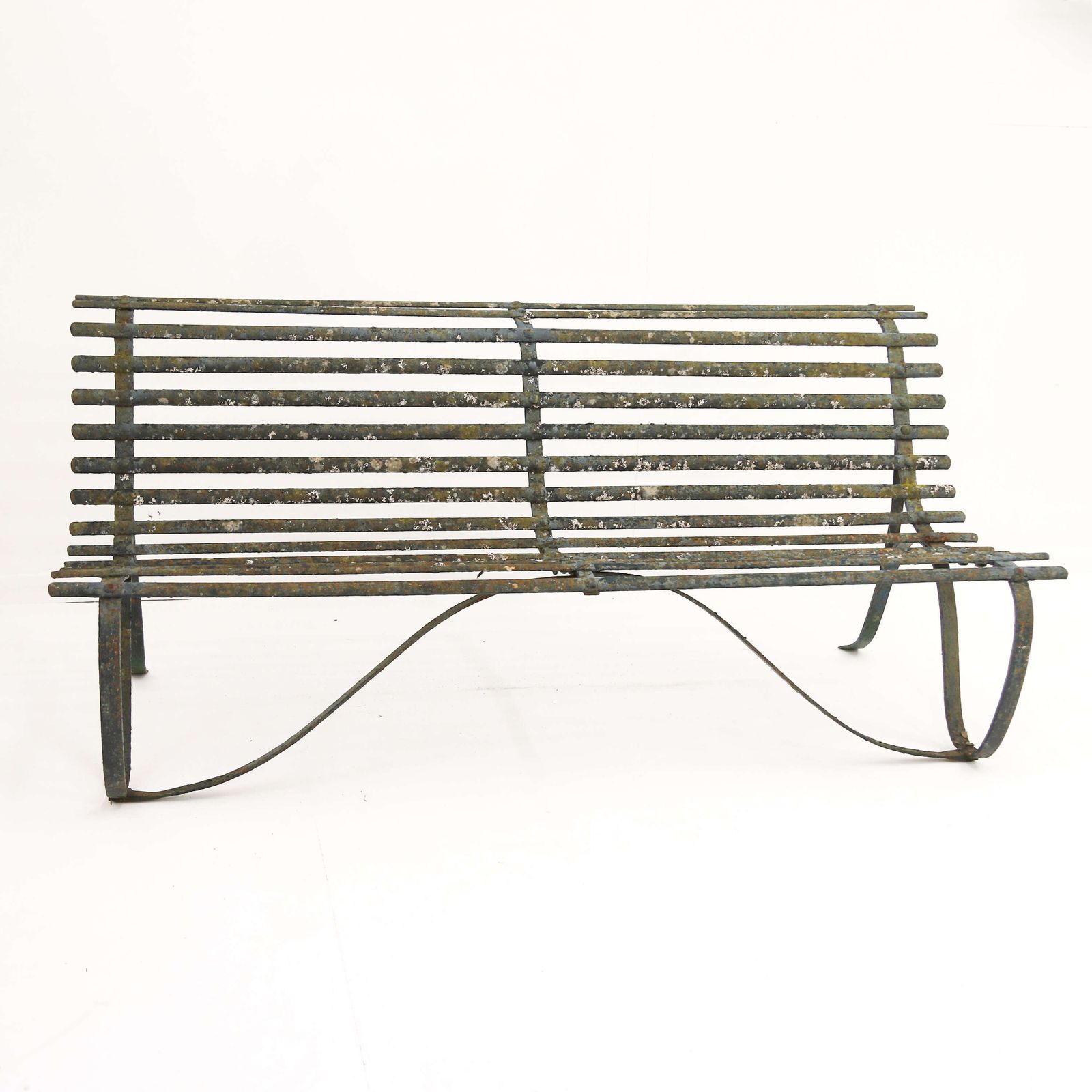 19th C Wrought Iron Strapwork Garden Bench With Scrolled Legs & Old Green Paint photo furniture