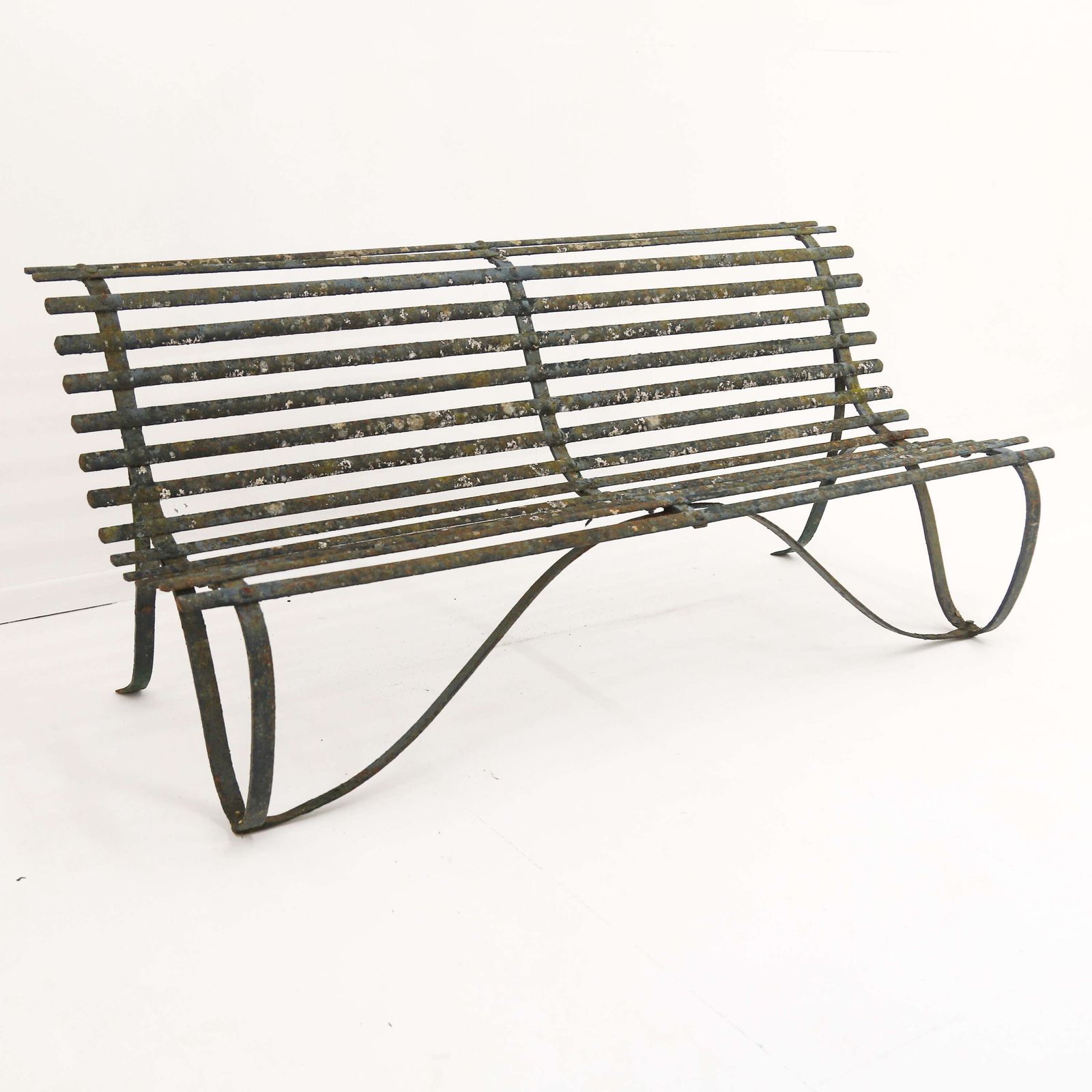 19th C Wrought Iron Strapwork Garden Bench With Scrolled Legs & Old Green Paint photo for sale