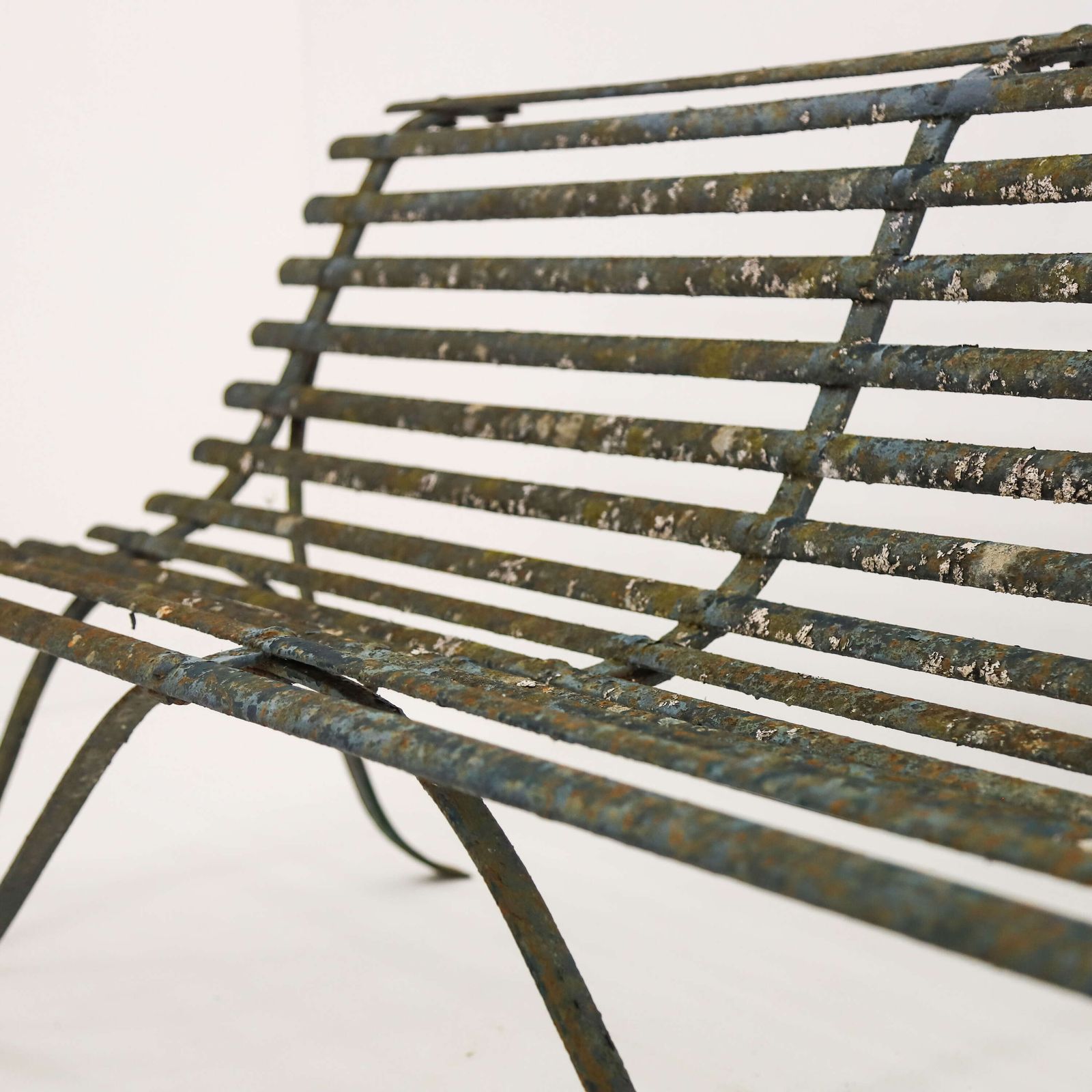 Garden Furniture 19th C Wrought Iron Strapwork Garden Bench With Scrolled Legs & Old Green Paint photo