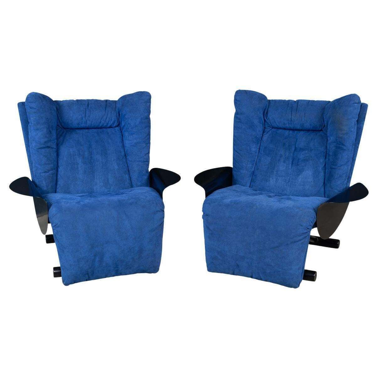 20thc Italian Pair Of Blue Alcantara Leather Reclining Armchairs By Cinova C1980
