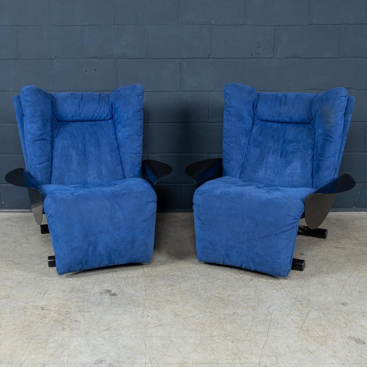 20thc Italian Pair Of Blue Alcantara Leather Reclining Armchairs By Cinova C1980 photo furniture