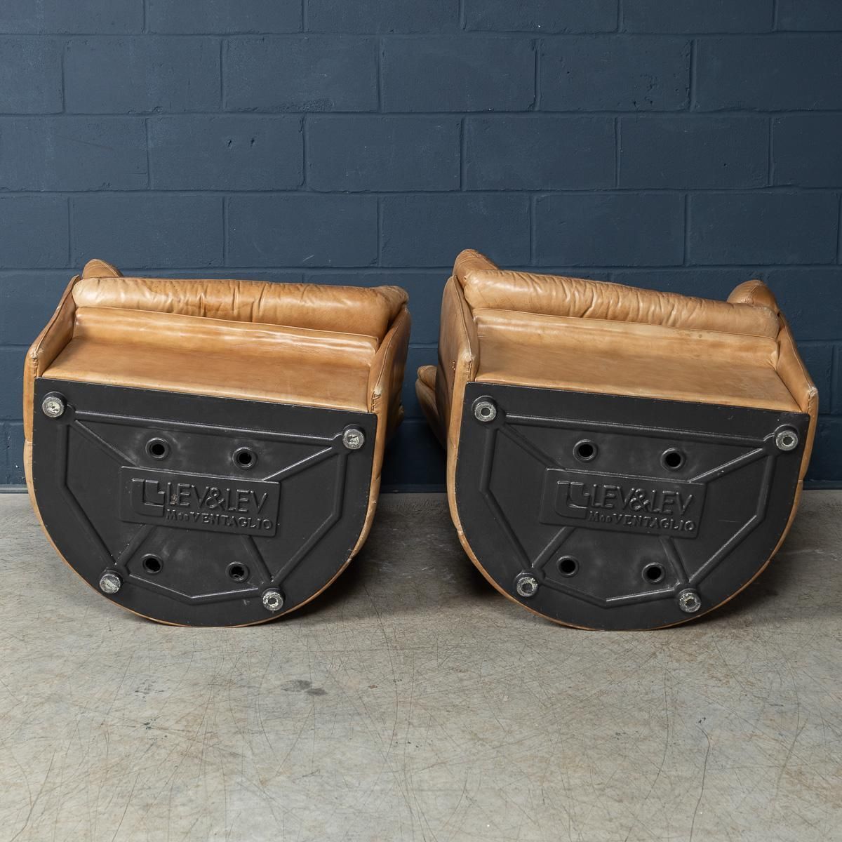 Vintage 20th Century Italian Pair Of Brown Leather Armchairs By Lev & Lev C.1970 photo vintage
