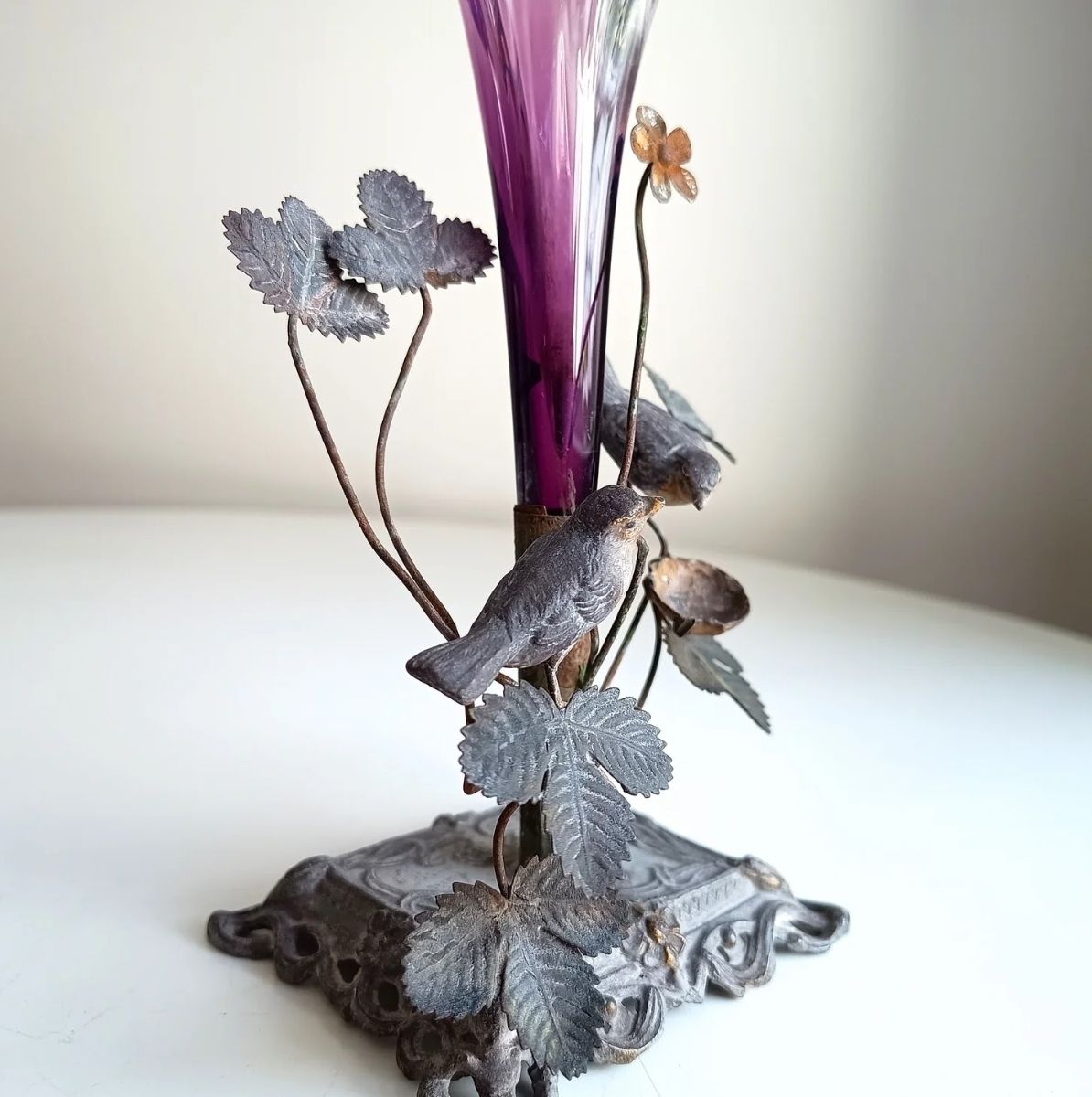 Two Vienna School Art Nouveau Floriform Glass Solifleur Vases With Cold Painted Metal Pedestals Wilhelm Kralik Sohne Style Circa 1890–1910 photo buy