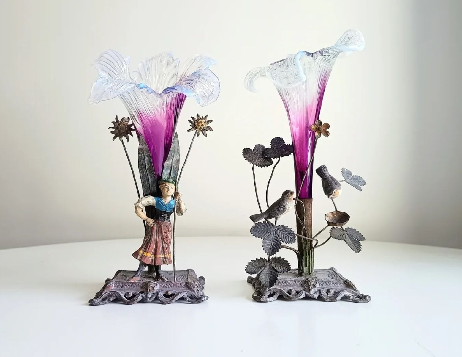 Two Vienna School Art Nouveau Floriform Glass Solifleur Vases With Cold Painted Metal Pedestals Wilhelm Kralik Sohne Style Circa 1890–1910