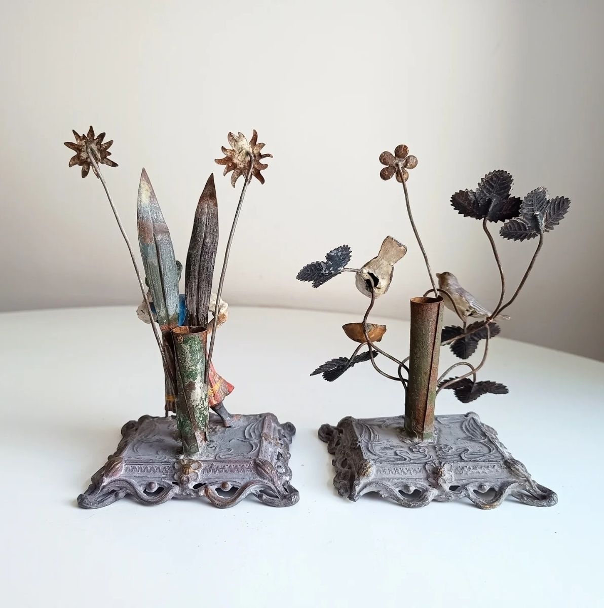 photo vinterior Two Vienna School Art Nouveau Floriform Glass Solifleur Vases With Cold Painted Metal Pedestals Wilhelm Kralik Sohne Style Circa 1890–1910