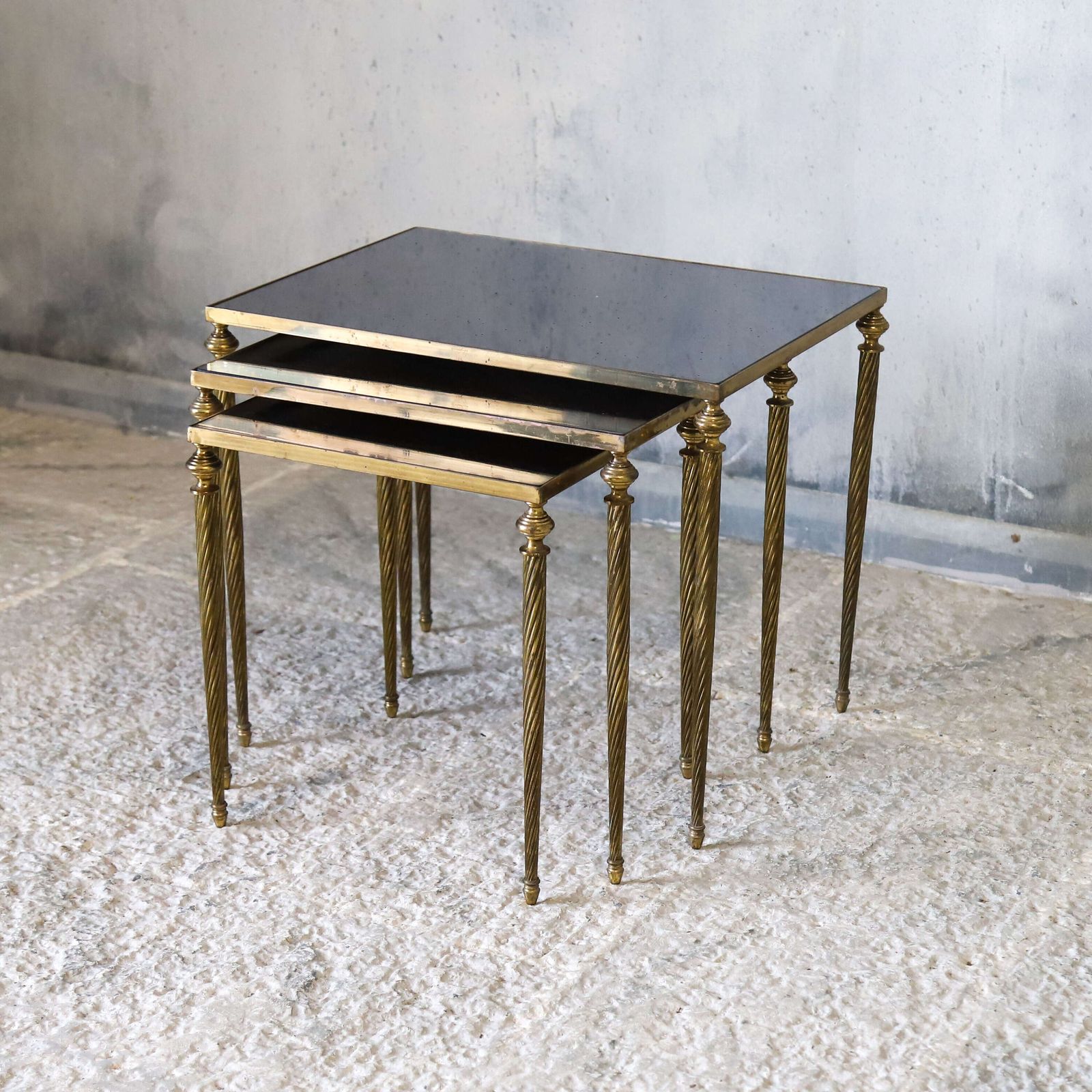 1950s English Nest Of Three Brass Tables With Mirrored Glass Tops photo furniture