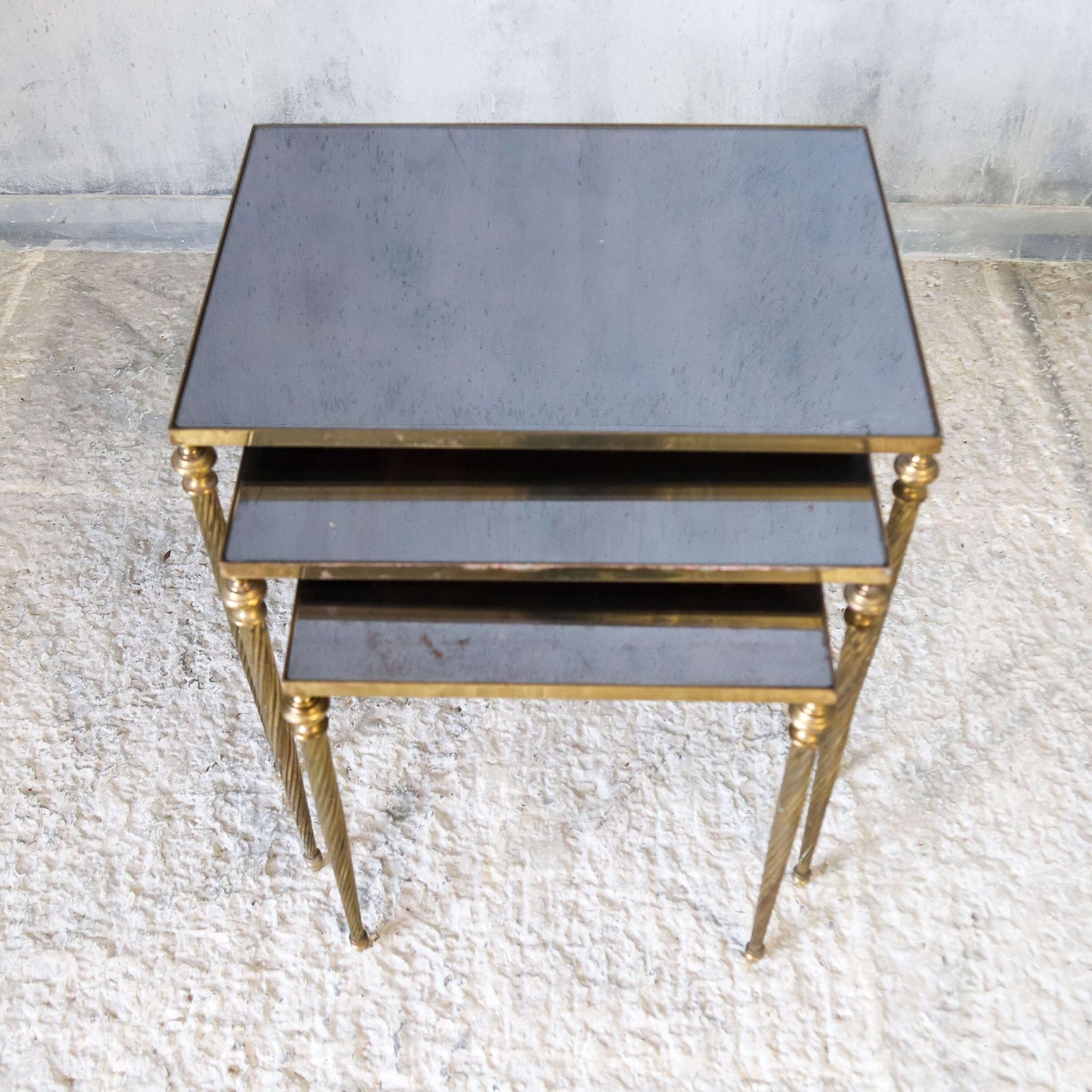 1950s English Nest Of Three Brass Tables With Mirrored Glass Tops photo 985.0