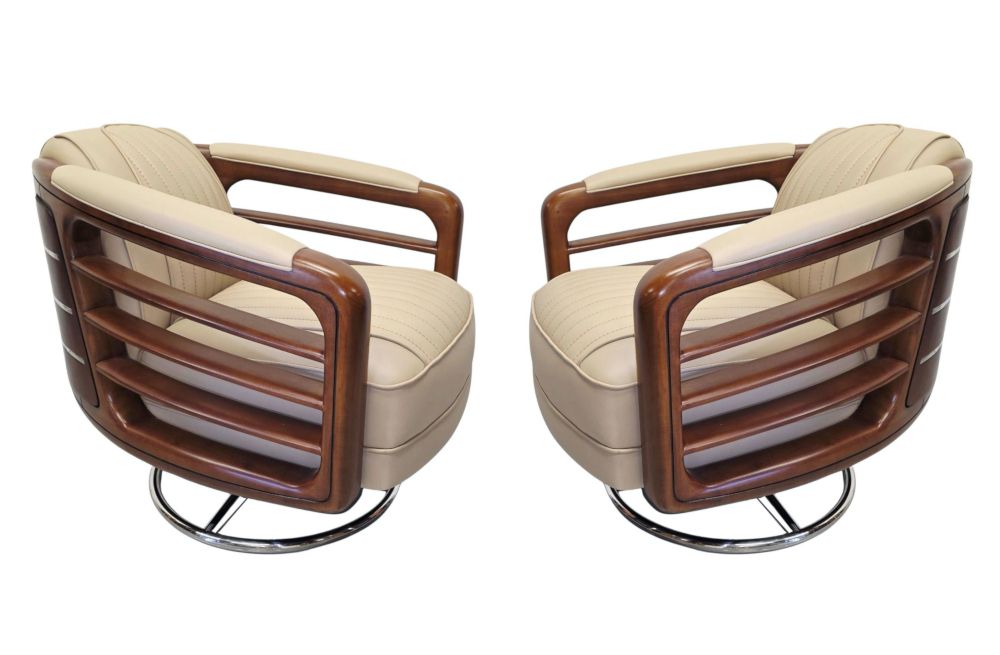 A Stunning Handmade Leather Walnut And Chrome Revolving Armchair photo for sale