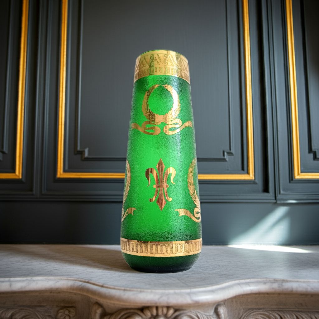 Art Nouveau Emerald Or Nile Green Glass Vase, Acid Etched, Legras Montjoyes C. 1880s photo buy