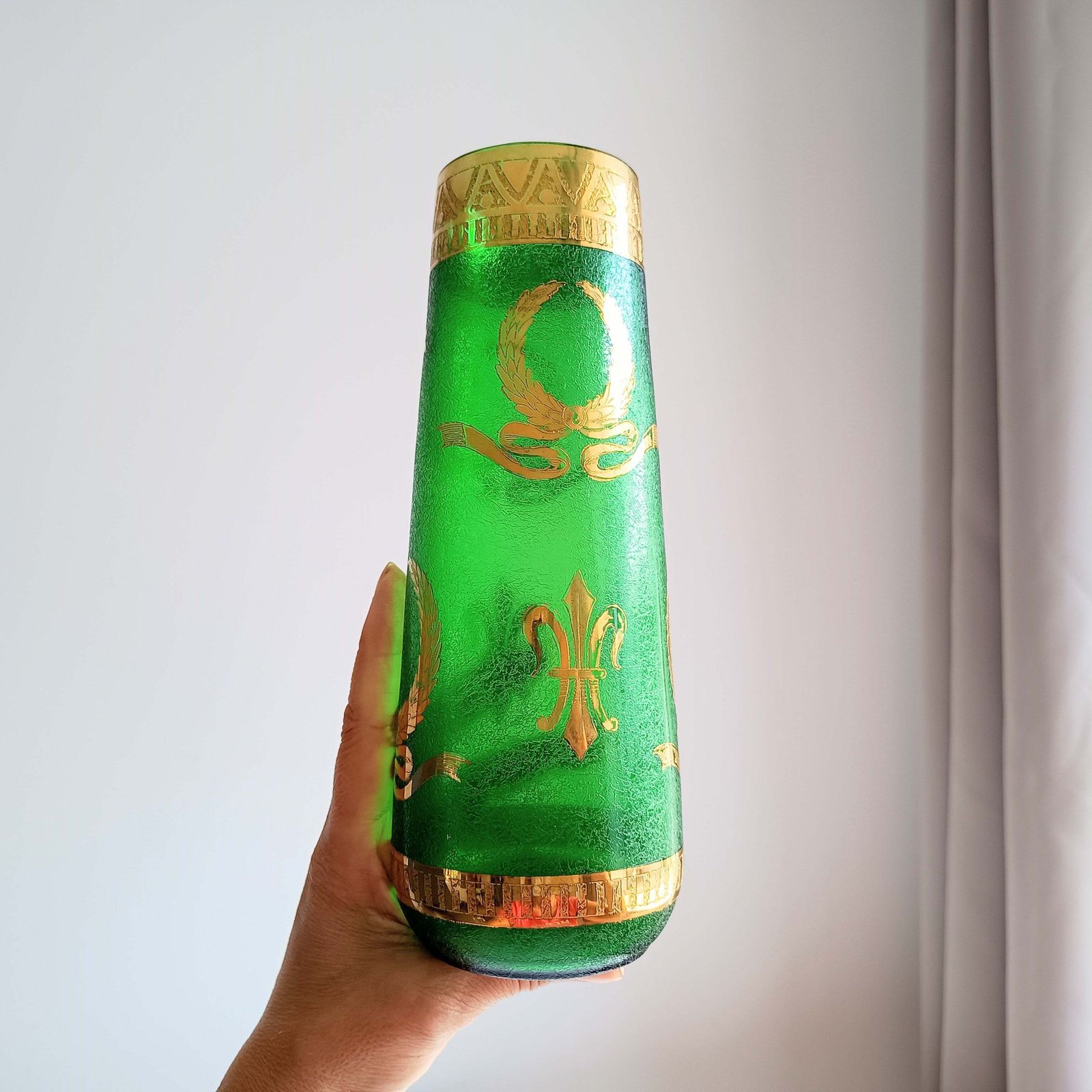 Home Decor Art Nouveau Emerald Or Nile Green Glass Vase, Acid Etched, Legras Montjoyes C. 1880s photo