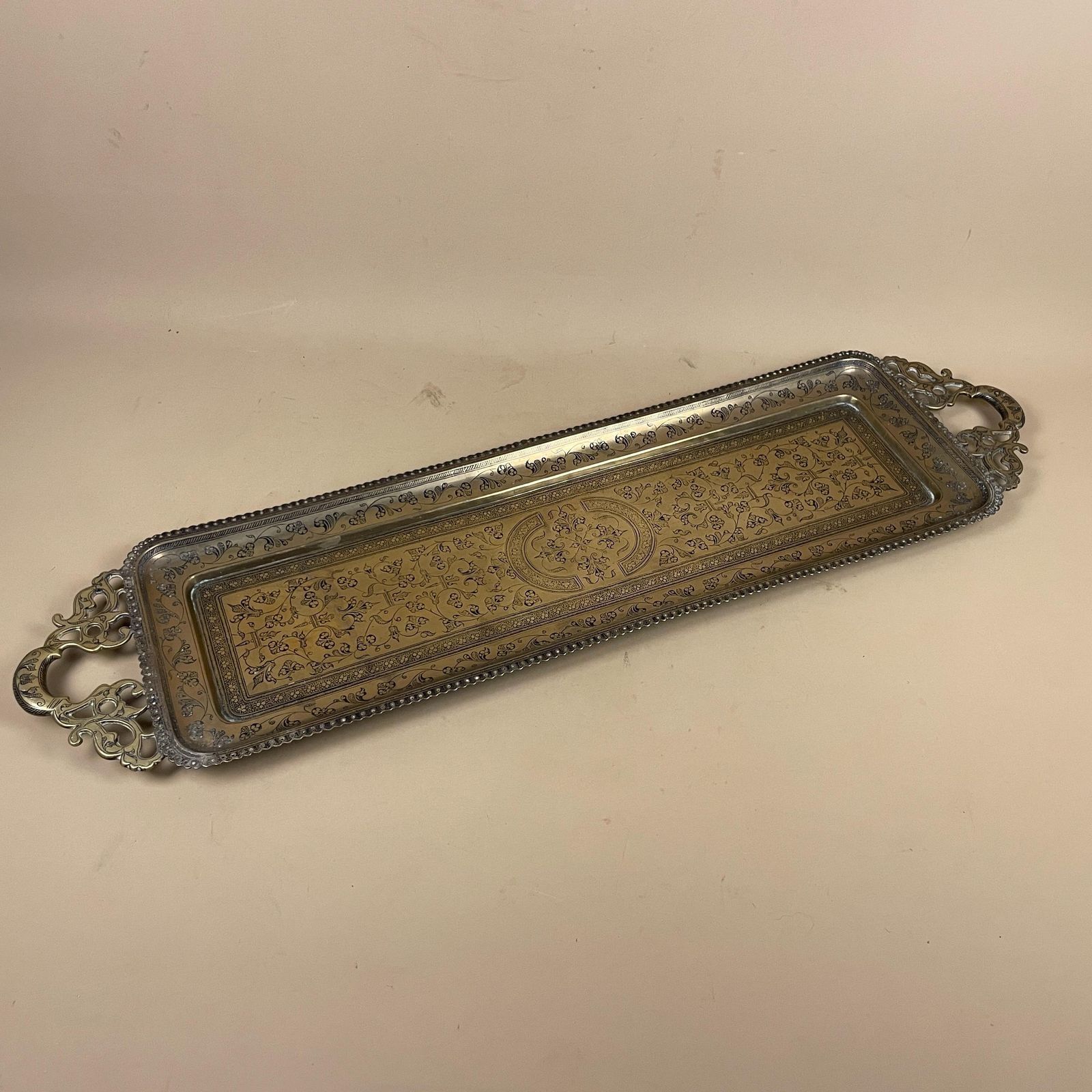 Antique Metal Gold Indian Patterned Brass Tray 75x20cm Plate Rectangle Handmade Etched Intricate Decorative Patterned Wall Handles Vintage photo furniture