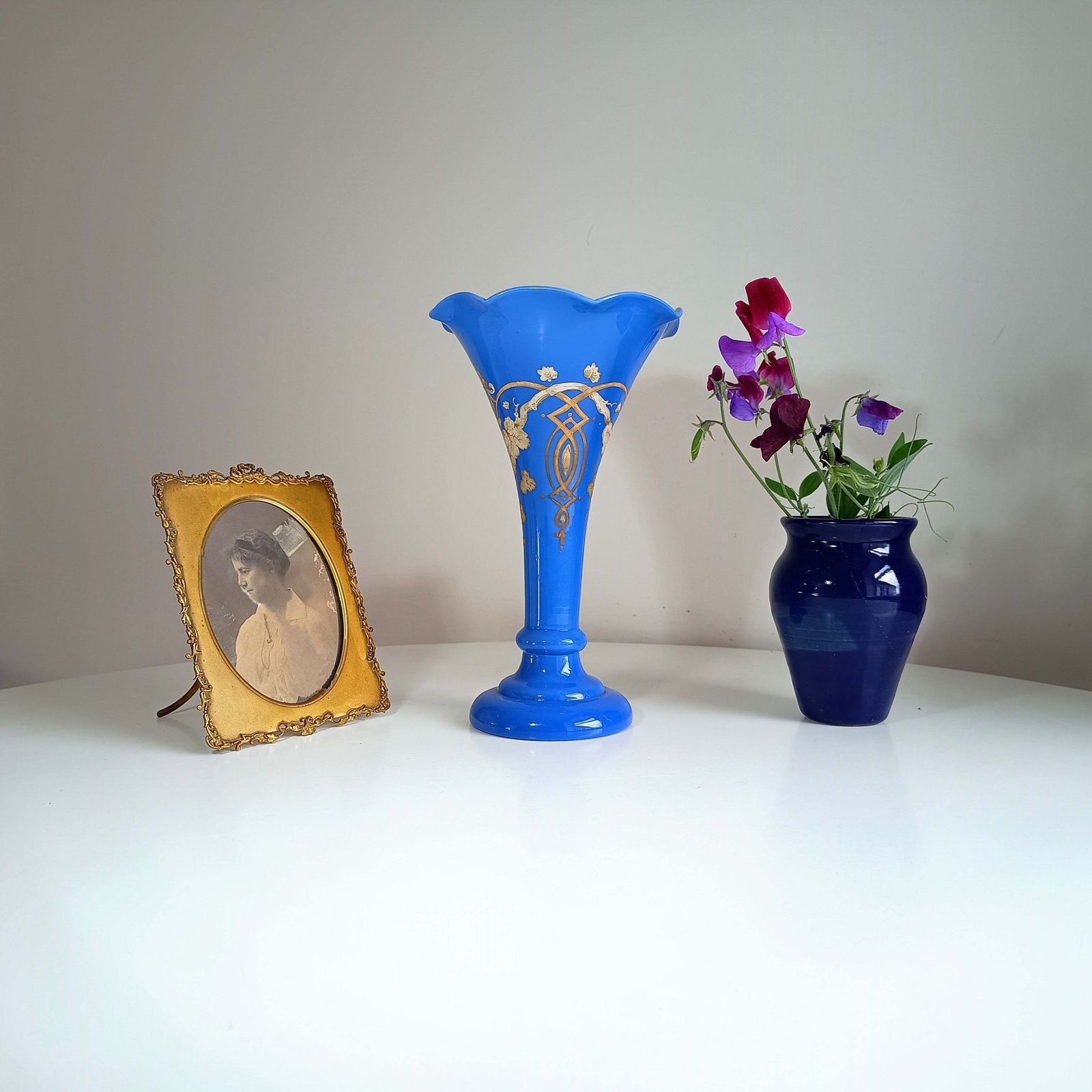 Art Nouveau Celeste Blue Opaline Glass Trumpet Vase In The Style Of Harrach, Bohemia, 1880s To 1900s photo for sale