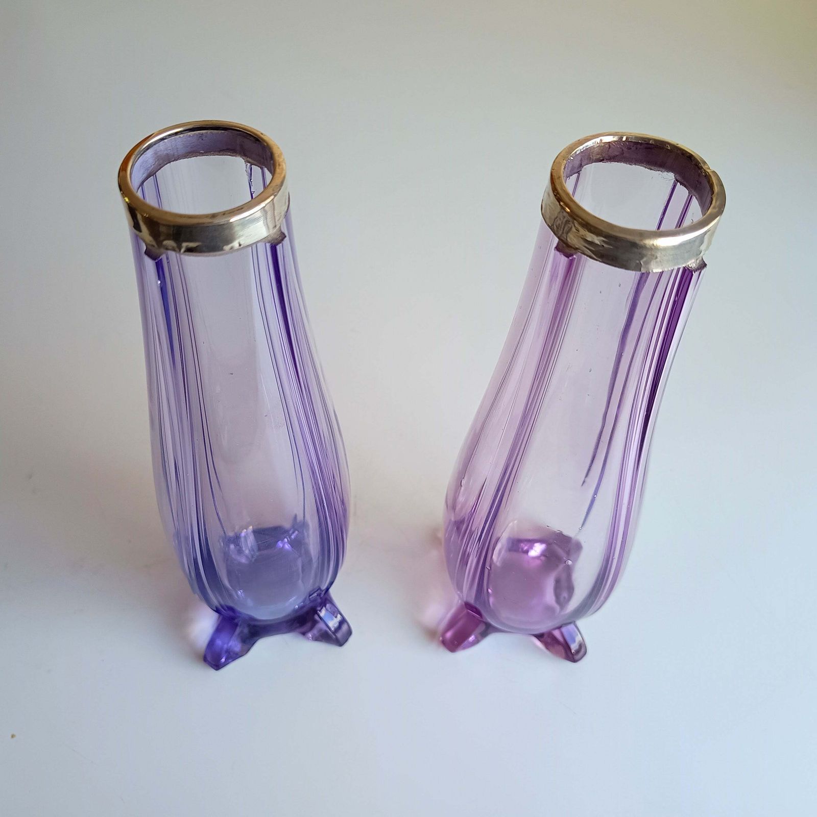 Antique Pair Of Bohemia Export Amethyst Purple Glass Vases, London Hallmarked To David Loebl, Schindler, Sterling Silver Collars 1920s photo for sale